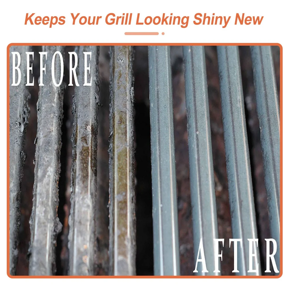 Side-by-side comparison of a dirty grill grate on the left and a shiny, clean grill grate on the right, showcasing the effectiveness of grill cleaning products.