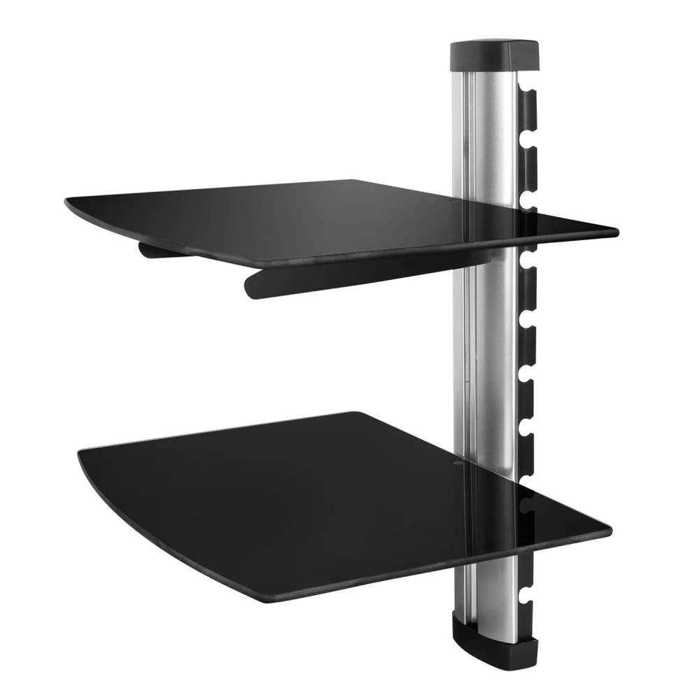 Black glass wall shelf with two tiers and a sleek silver mount, ideal for organizing electronics or displaying decor.