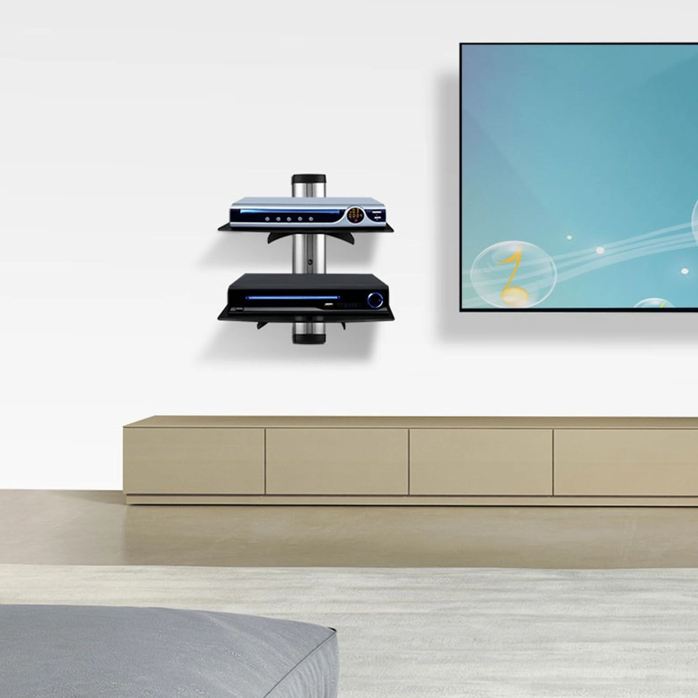 Wall-mounted TV shelf with two black and silver media units, displayed above a modern beige media console, in a contemporary living room setting.