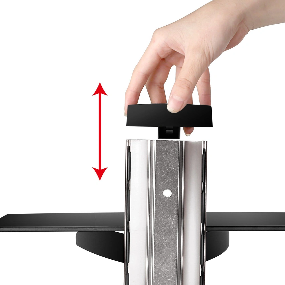 Hand adjusting height on a black adjustable desk mount, showcasing ease of use and flexible ergonomic design.