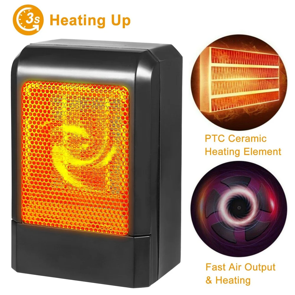 Compact electric heater with PTC ceramic heating element, featuring an orange glowing front and icons illustrating fast air output and heating efficiency, designed for quick warmth in any space.