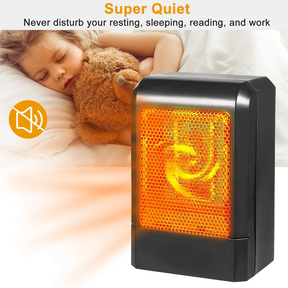 Compact and efficient ceramic heater with a glowing orange heat panel, designed for super quiet operation to enhance restful moments while sleeping, reading, or working.