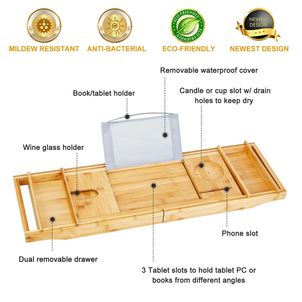 Bamboo tray table with wine glass holder, removable waterproof cover, multi-angle tablet/book slots, phone slot, and dual removable drawer, showcasing eco-friendly, mildew-resistant, and anti-bacterial design features.