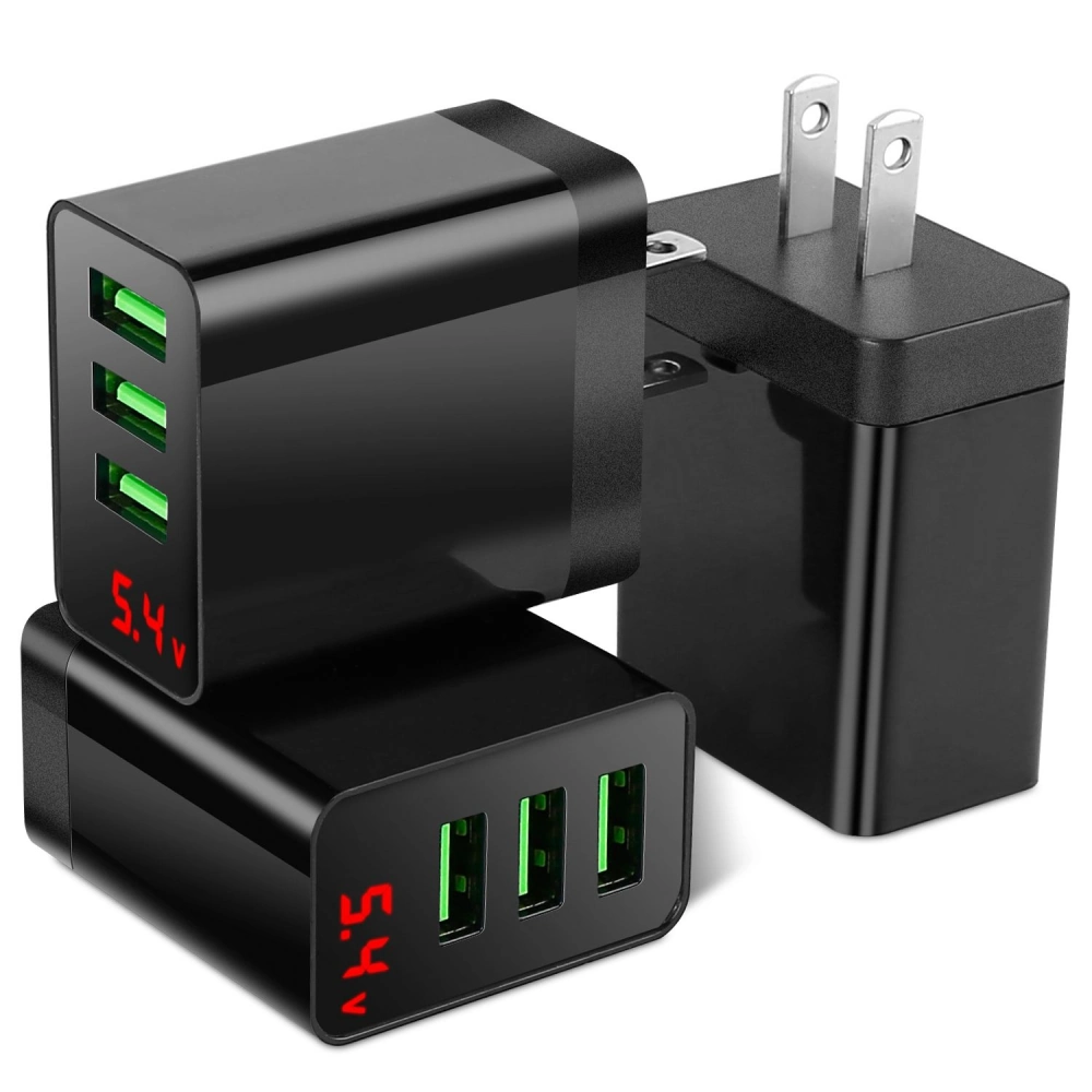 Black USB wall charger with three green ports and voltage display, suitable for fast charging multiple devices simultaneously.