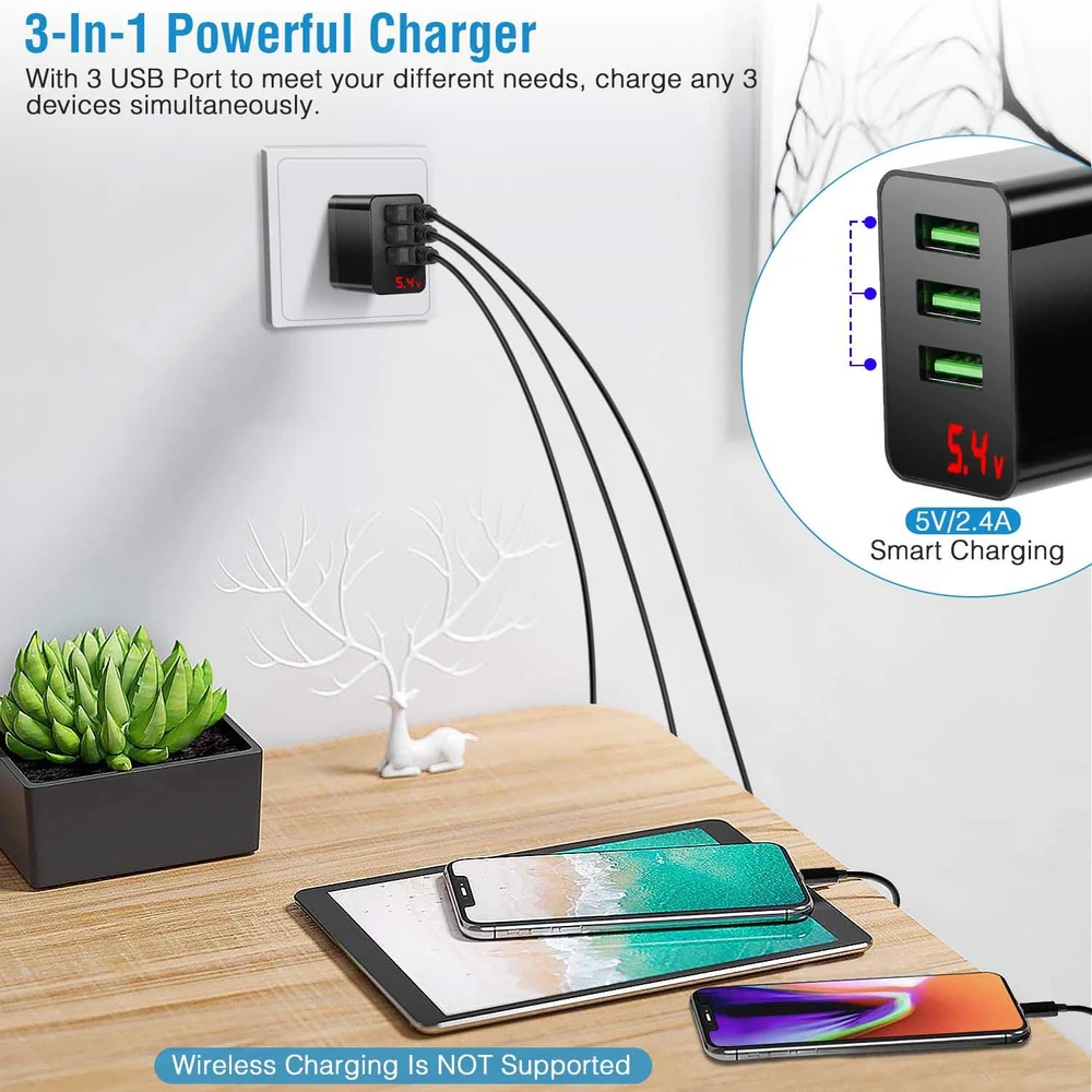 3-in-1 powerful USB charger with three ports, smart charging indicator displaying voltage, charging three devices simultaneously on a wooden table alongside a succulent plant and decorative figurine.