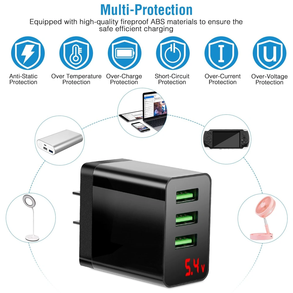 Black USB wall charger with three ports and digital voltage display, showcasing features like overcharge and short-circuit protection, ideal for safe and efficient charging of devices like smartphones, laptops, and fans.