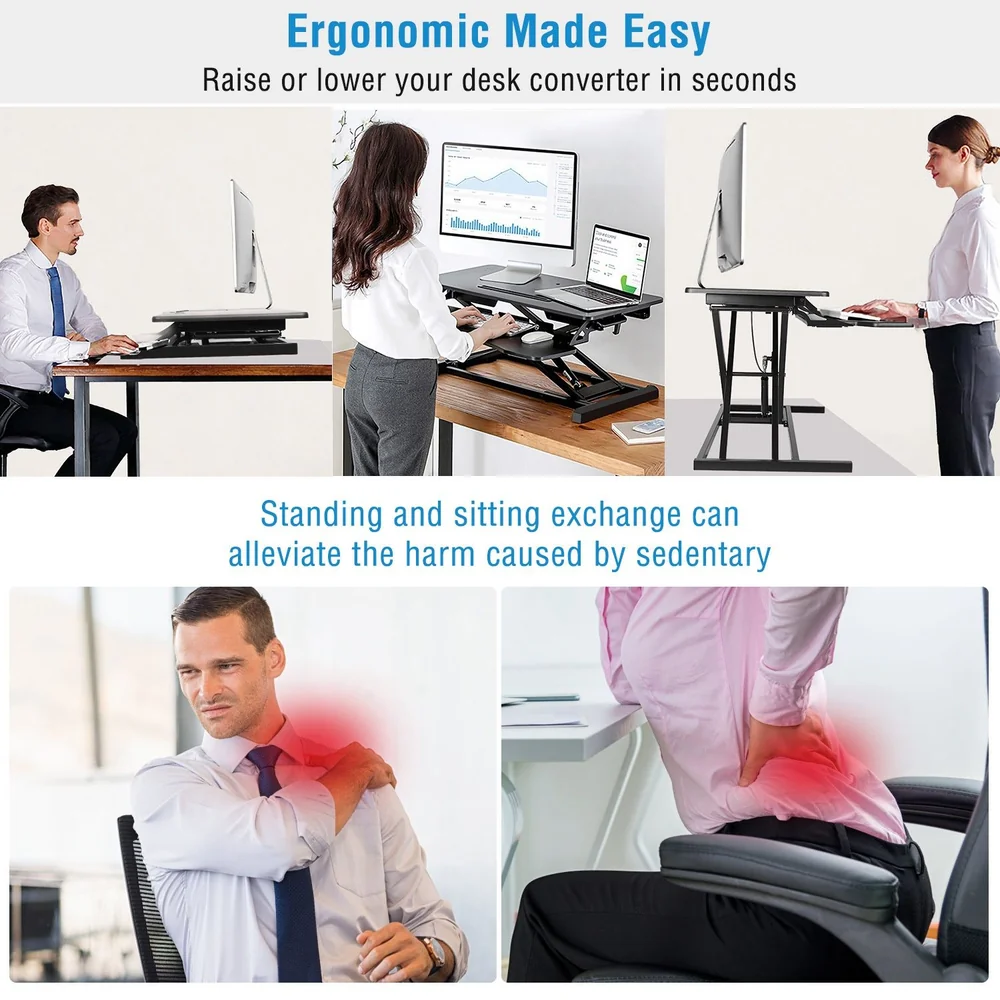 Ergonomic desk converter showcasing four users alternating between sitting and standing positions to promote healthy work habits and alleviate discomfort from prolonged sedentary behavior.