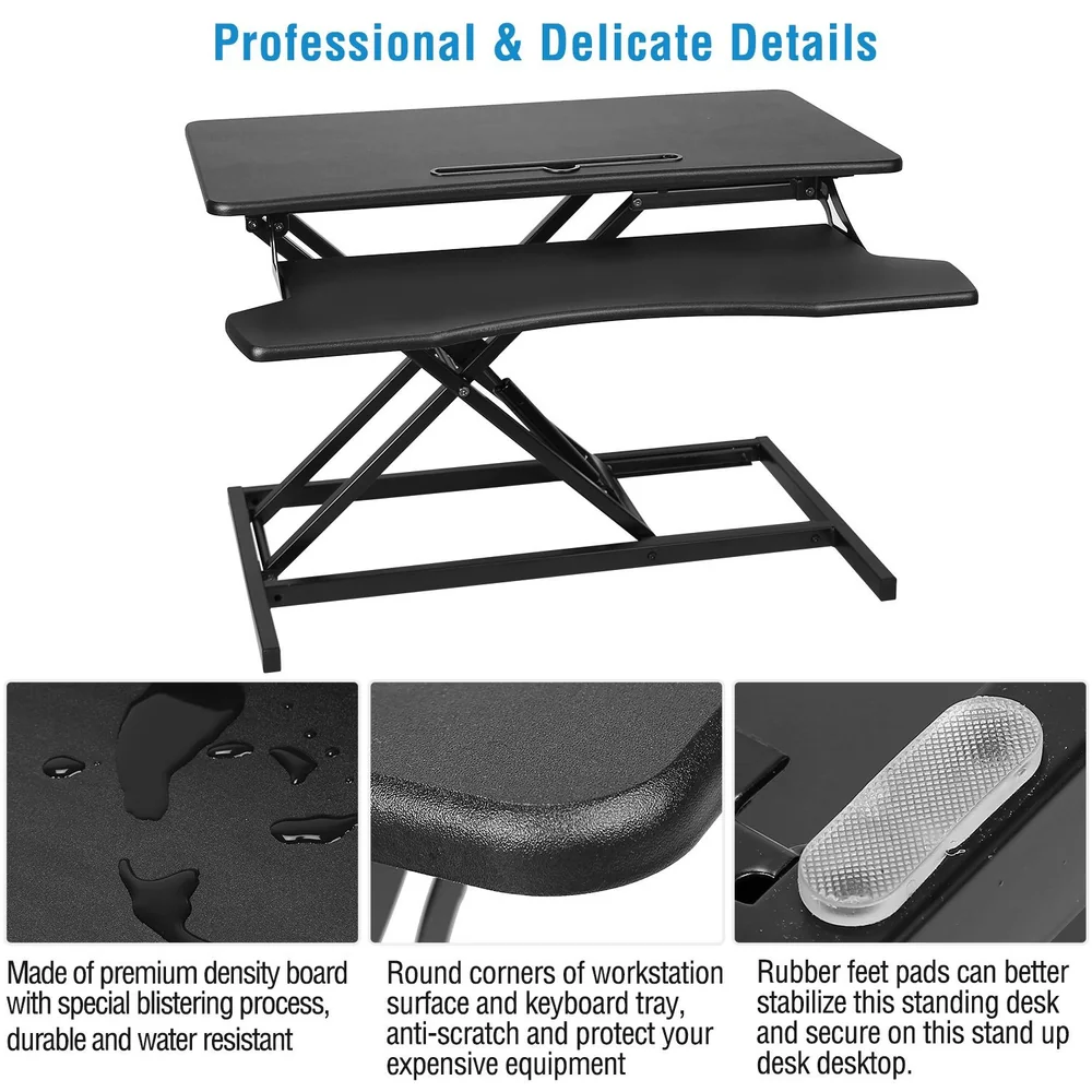 Adjustable standing desk converter made of durable, water-resistant material with rubber feet for stability, featuring rounded corners for safety and an integrated keyboard tray.