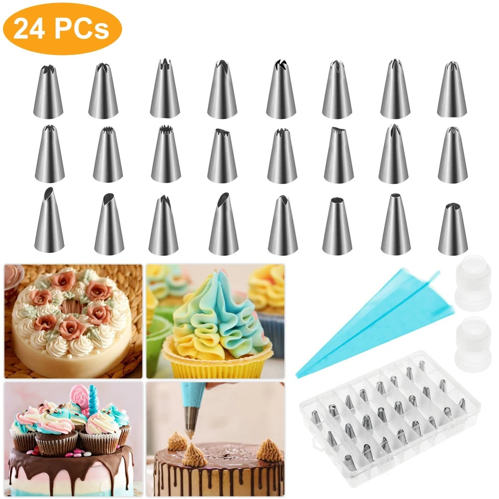 24-piece stainless steel piping tips set for cake decorating, featuring various designs for flowers, swirls, and details, with matching piping bags and containers, showcased alongside beautifully decorated cakes and cupcakes.
