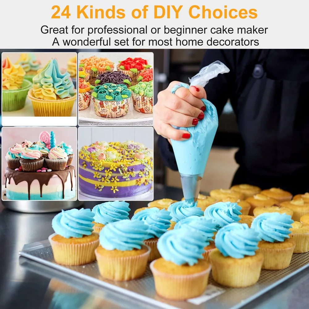 Colorful decorative cupcakes and cakes showcasing a variety of icing techniques, featuring a person piping blue frosting onto cupcakes, ideal for home bakers and cake decorators.