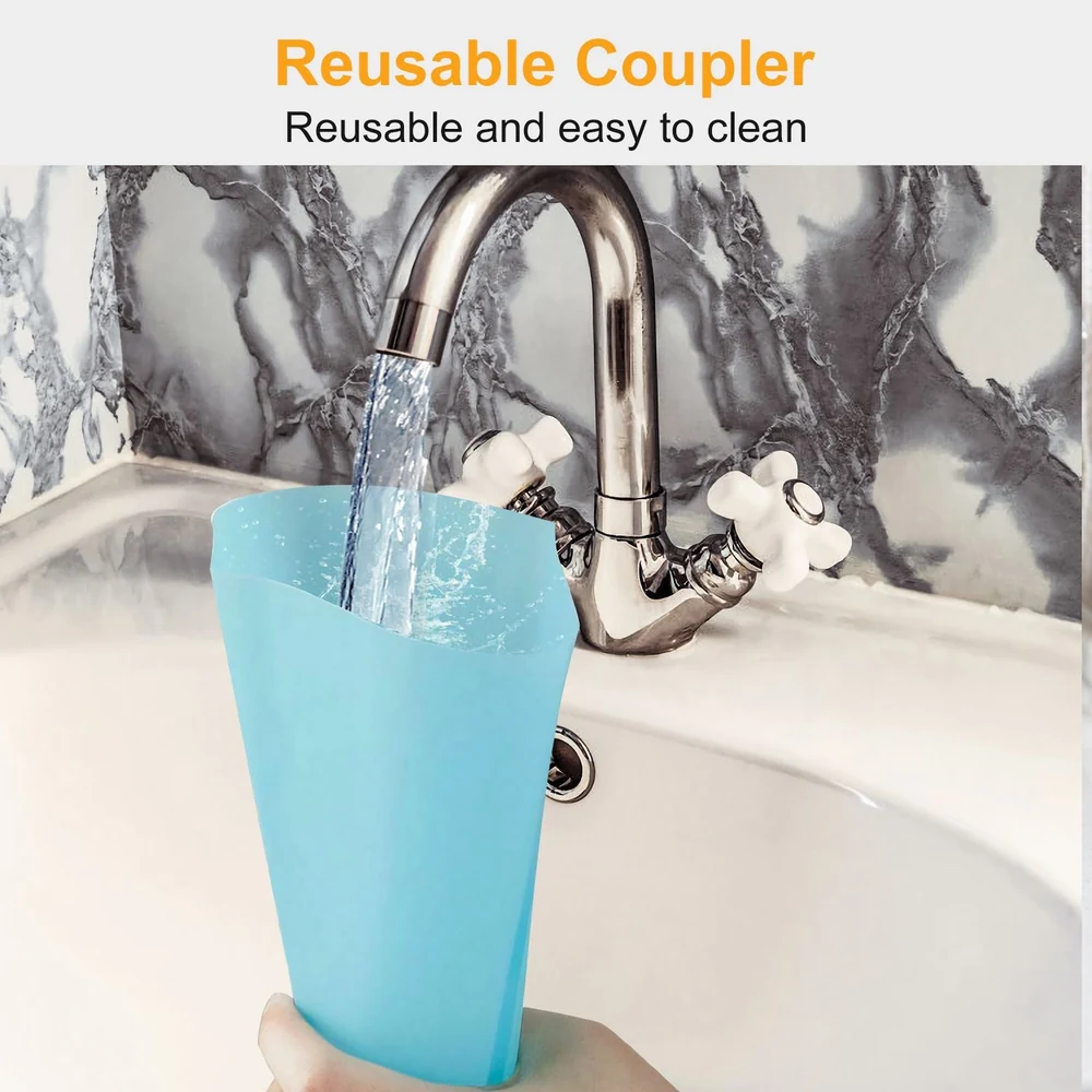 Reusable coupler in hand capturing water from a faucet, designed for easy cleaning and sustainability.