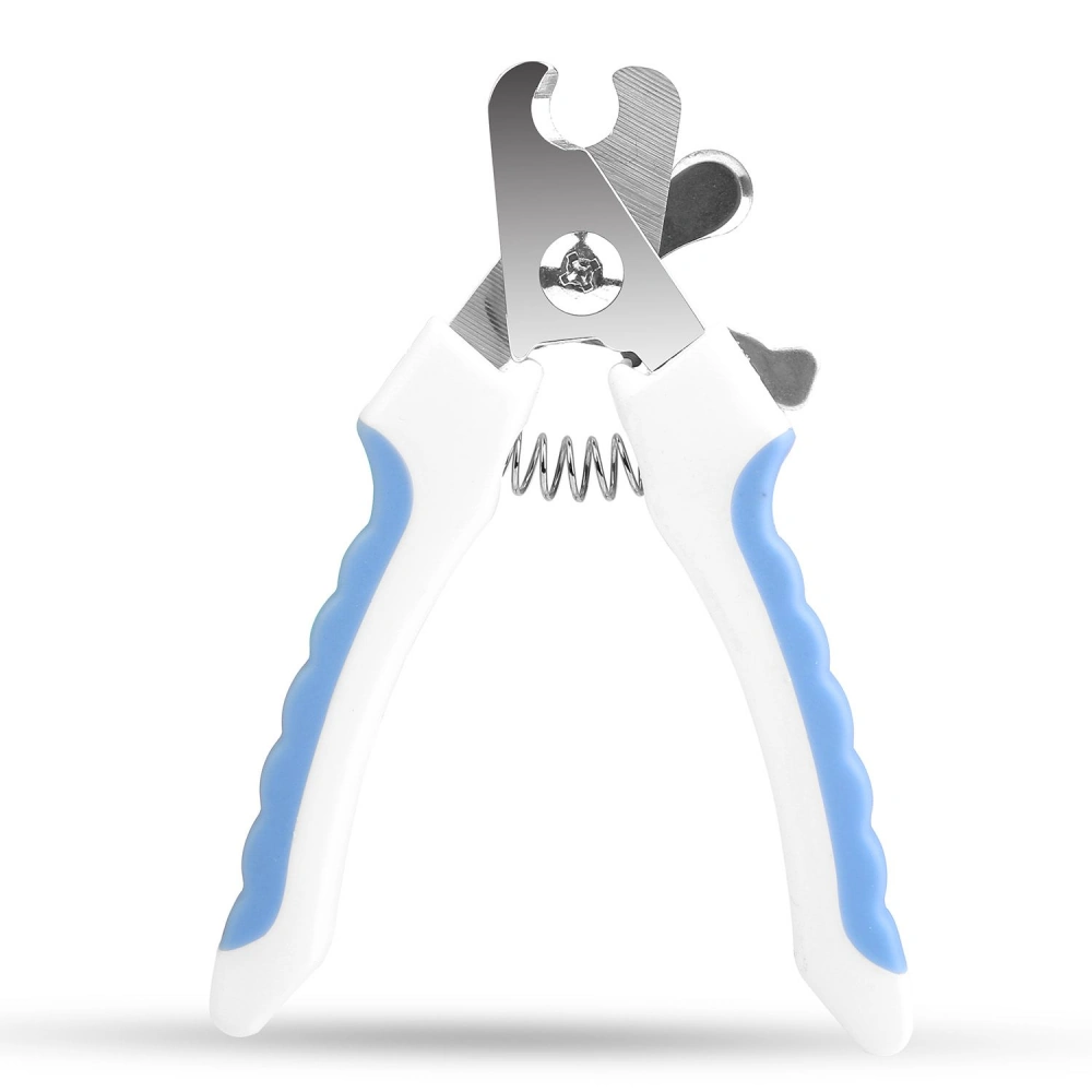 Pet nail clippers with stainless steel blades and ergonomic blue and white handles for comfortable grip and precision cutting.