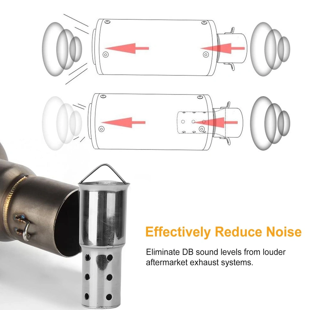 Stainless steel motorcycle exhaust silencer with noise reduction feature, designed to minimize sound levels from aftermarket exhaust systems, illustrated with airflow diagrams.