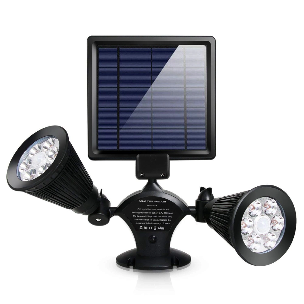 Solar-powered twin spotlight with adjustable heads and solar panel, designed for energy-efficient outdoor lighting.
