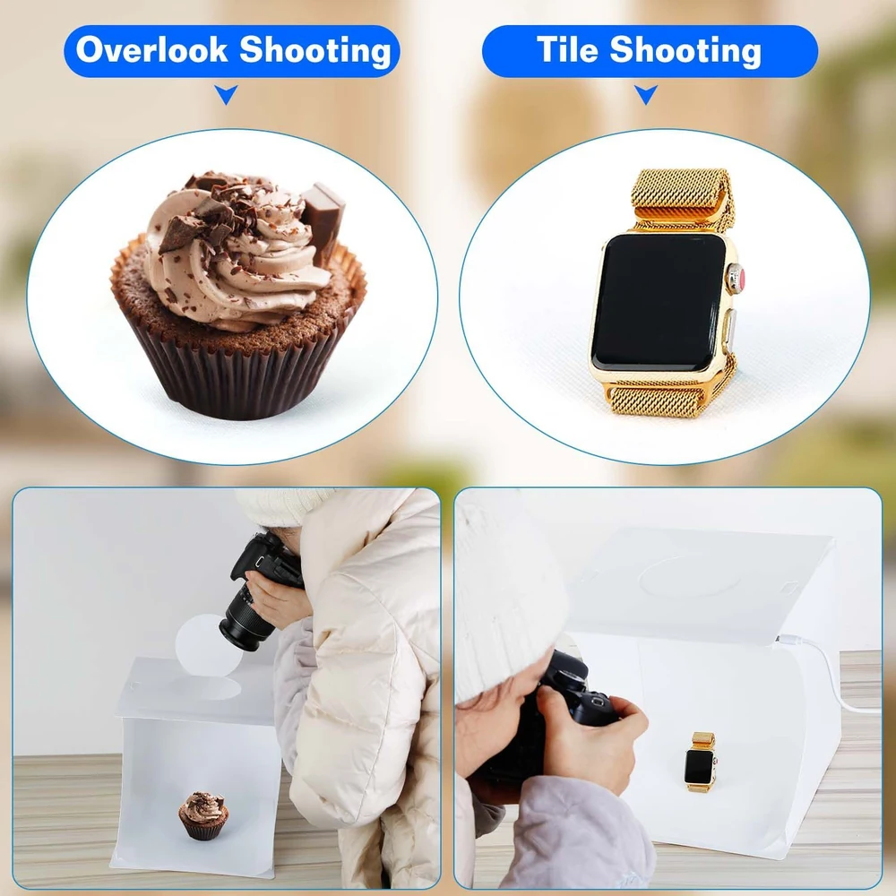 Product image showcasing two photography techniques: "Overlook Shooting" featuring a chocolate cupcake with frosting, and "Tile Shooting" displaying a gold smartwatch, along with a person photographing each item using a lightbox setup.