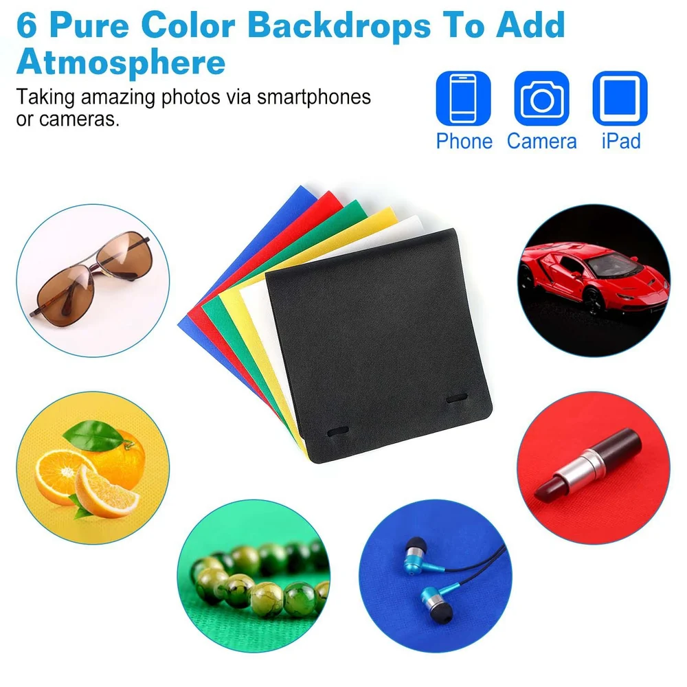 Set of six colorful photography backdrops, including black, red, yellow, green, blue, and orange, designed for vibrant photo backgrounds using smartphones and cameras.