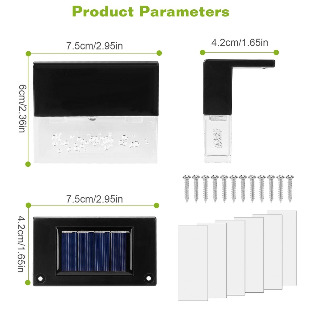 Black solar-powered garden light with transparent panel and mounting hardware, showcasing product dimensions and components for easy installation.