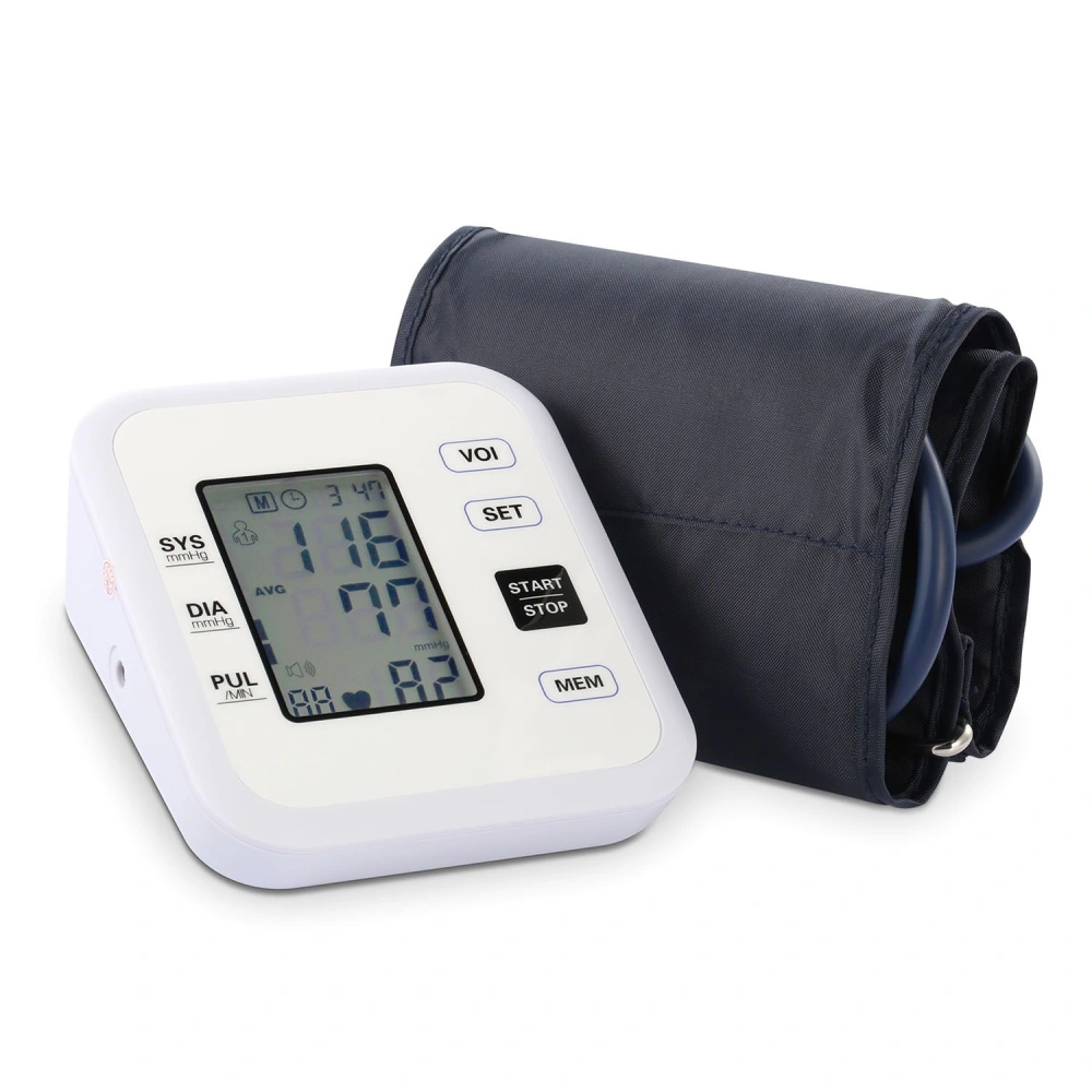 Digital blood pressure monitor with an LCD display showing systolic and diastolic readings, accompanied by a blue cuff for easy home use.