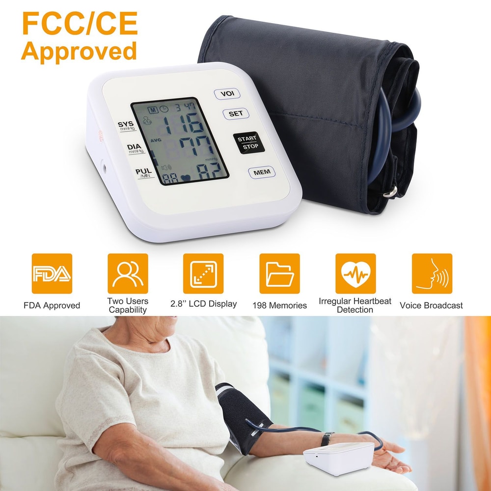 Automatic blood pressure monitor with a large 2.8-inch LCD display, cuff, and features for two users, 198 memory slots, irregular heartbeat detection, and voice broadcast, demonstrated by a woman measuring her blood pressure.