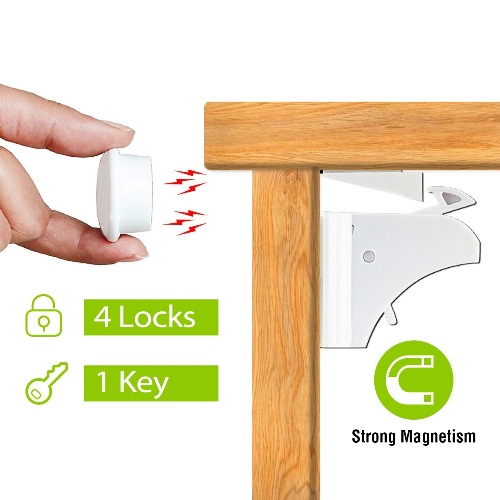 White magnetic cabinet lock in use, shown being activated by a key against a wooden table edge, highlighting features: 4 locks and 1 key for security with strong magnetism.