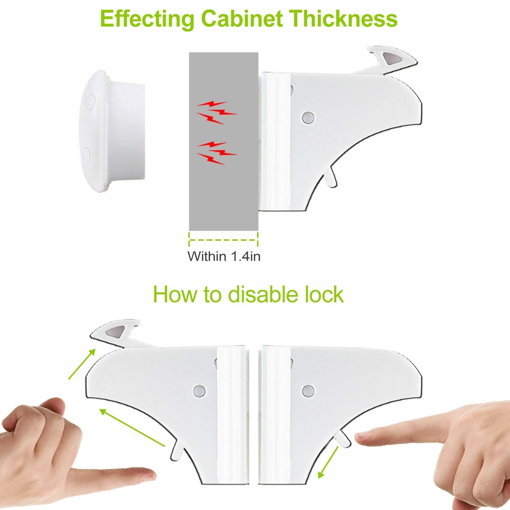 Image explaining cabinet lock installation with instructions on effective cabinet thickness (within 1.4 inches) and how to disable the lock mechanism, featuring two hands demonstrating the process on a white locking device.