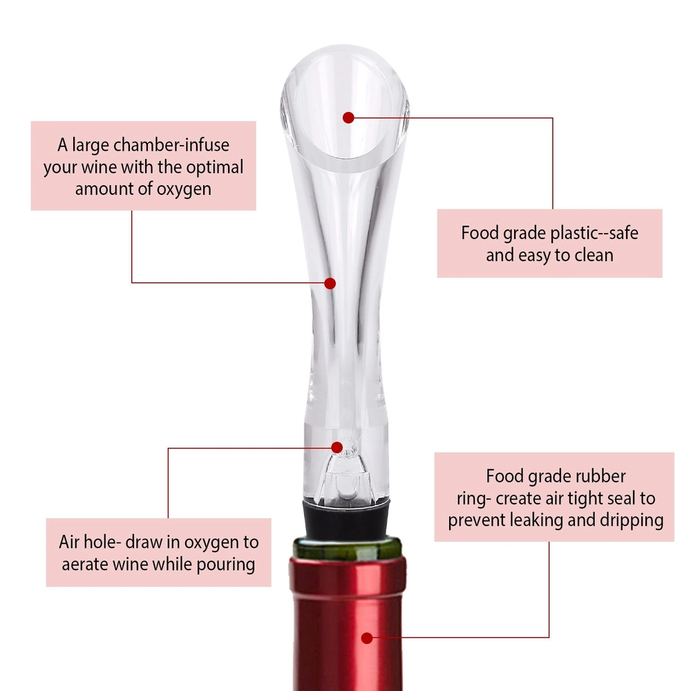 Wine aerator pourer with large chamber for optimal oxygen infusion, food-grade plastic for easy cleaning, air hole for aeration while pouring, and food-grade rubber ring for leak prevention.