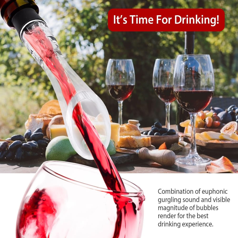 Wine being poured into a glass from a stylish decanter, surrounded by cheese, fruits, and elegantly filled glasses, set in a vibrant outdoor setting, conveying a joyful drinking experience.