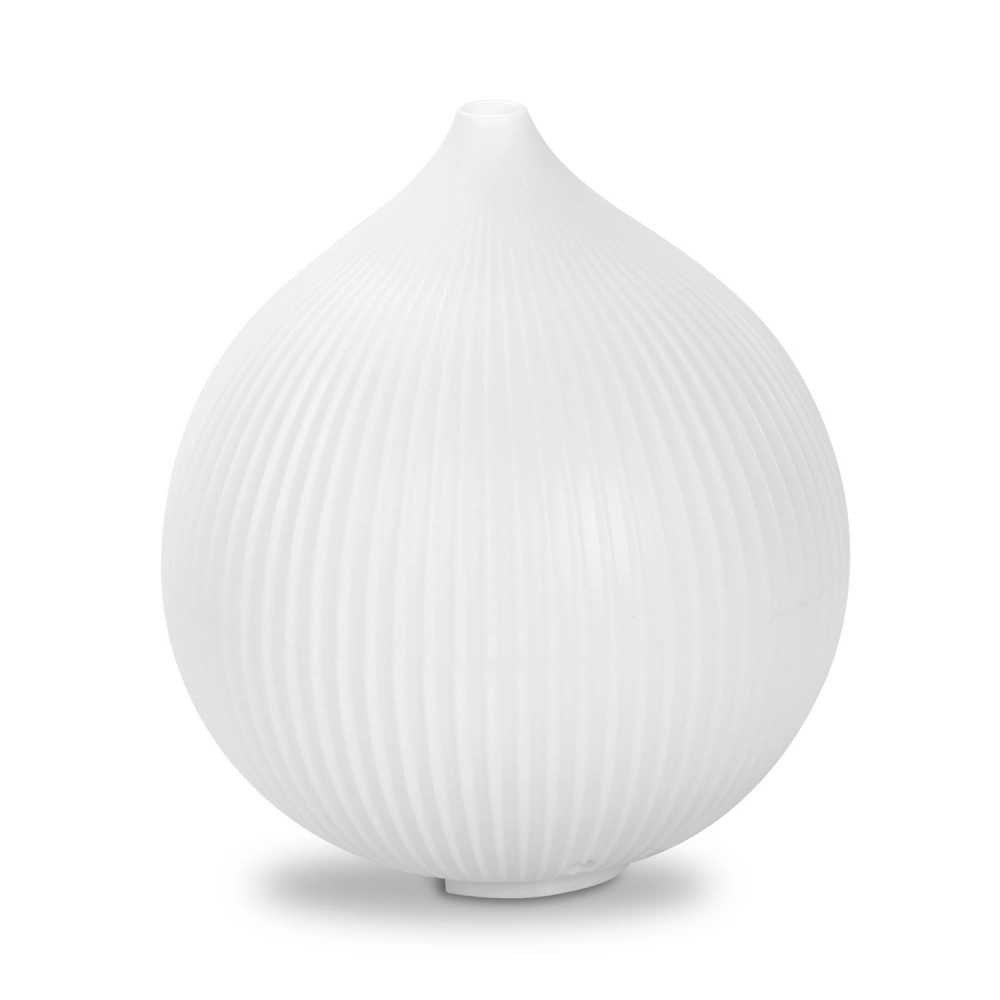White decorative vase with ribbed texture and a teardrop shape, perfect for modern home decor.