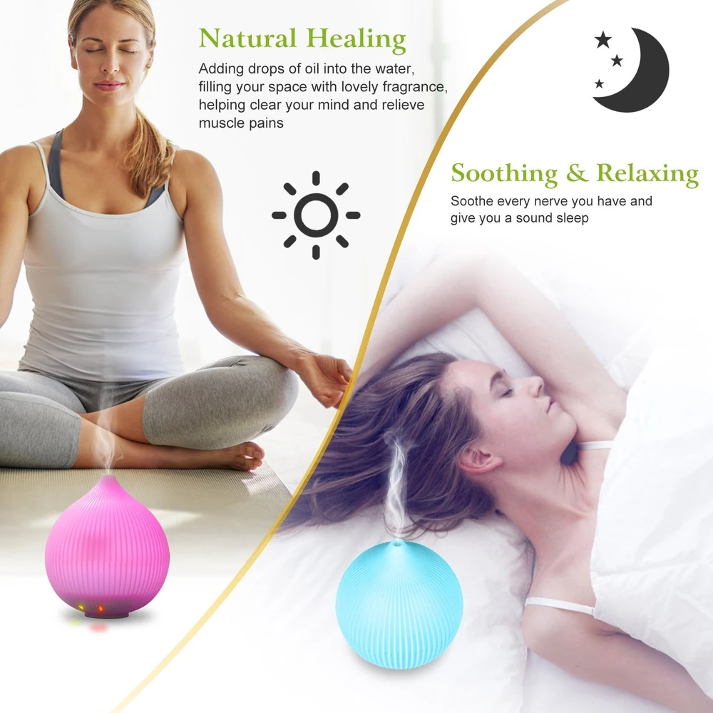 Image of a pink and blue essential oil diffuser producing soothing vapor, with a meditation scene on the left and a peaceful sleeping person on the right, highlighting natural healing and relaxation benefits.