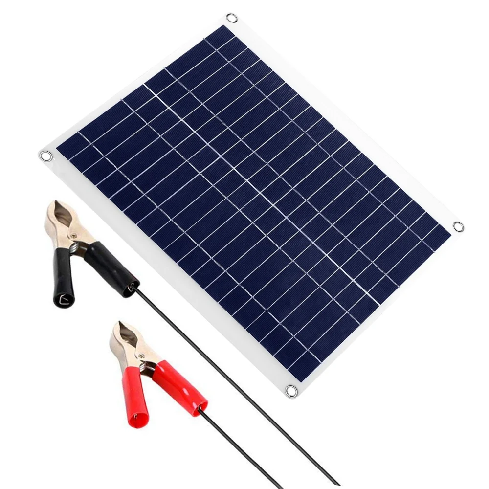 Solar panel with blue photovoltaic cells and black and red alligator clips for easy connection, ideal for charging batteries and powering small devices.