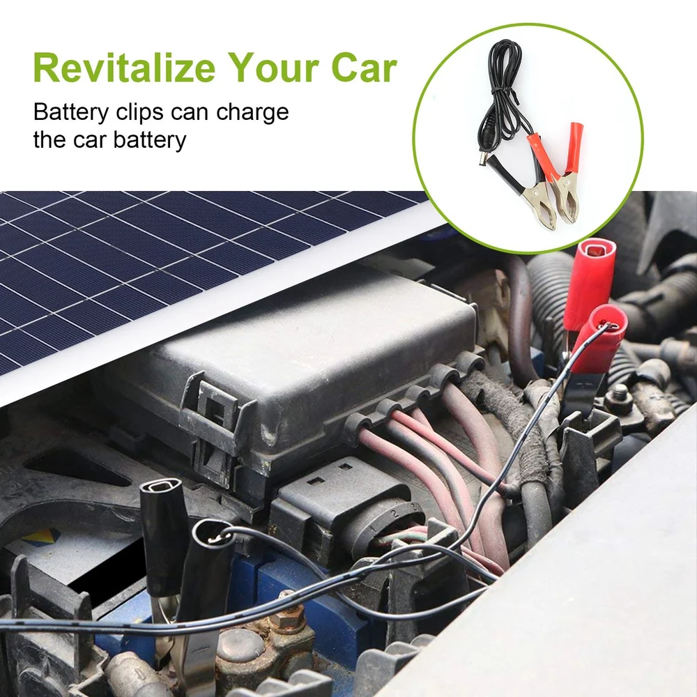 Solar car battery charger with battery clips connected to an engine, revitalizing and charging the car battery for optimal performance.