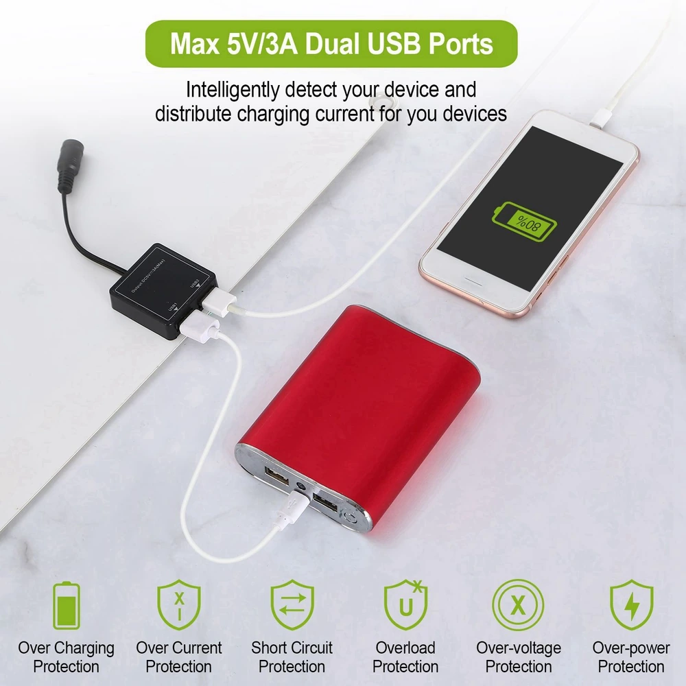 Portable red power bank with dual USB ports and safety features, charging a smartphone with an LED battery indicator displayed.