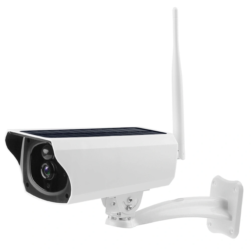 Wi-Fi enabled solar-powered security camera with a sleek white design and adjustable mount for outdoor surveillance.