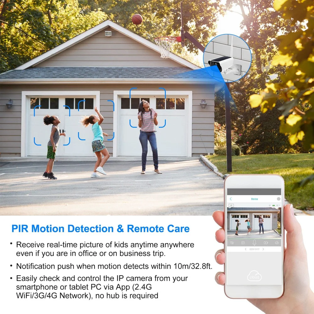 Family playing basketball outside with a motion detection camera monitoring the activity, showcasing safety and remote viewing capabilities.
