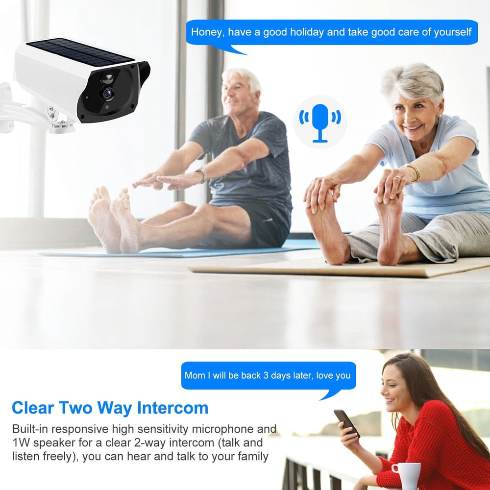 Security camera with solar panel illustrating two people participating in yoga, highlighting its built-in intercom feature for family communication.