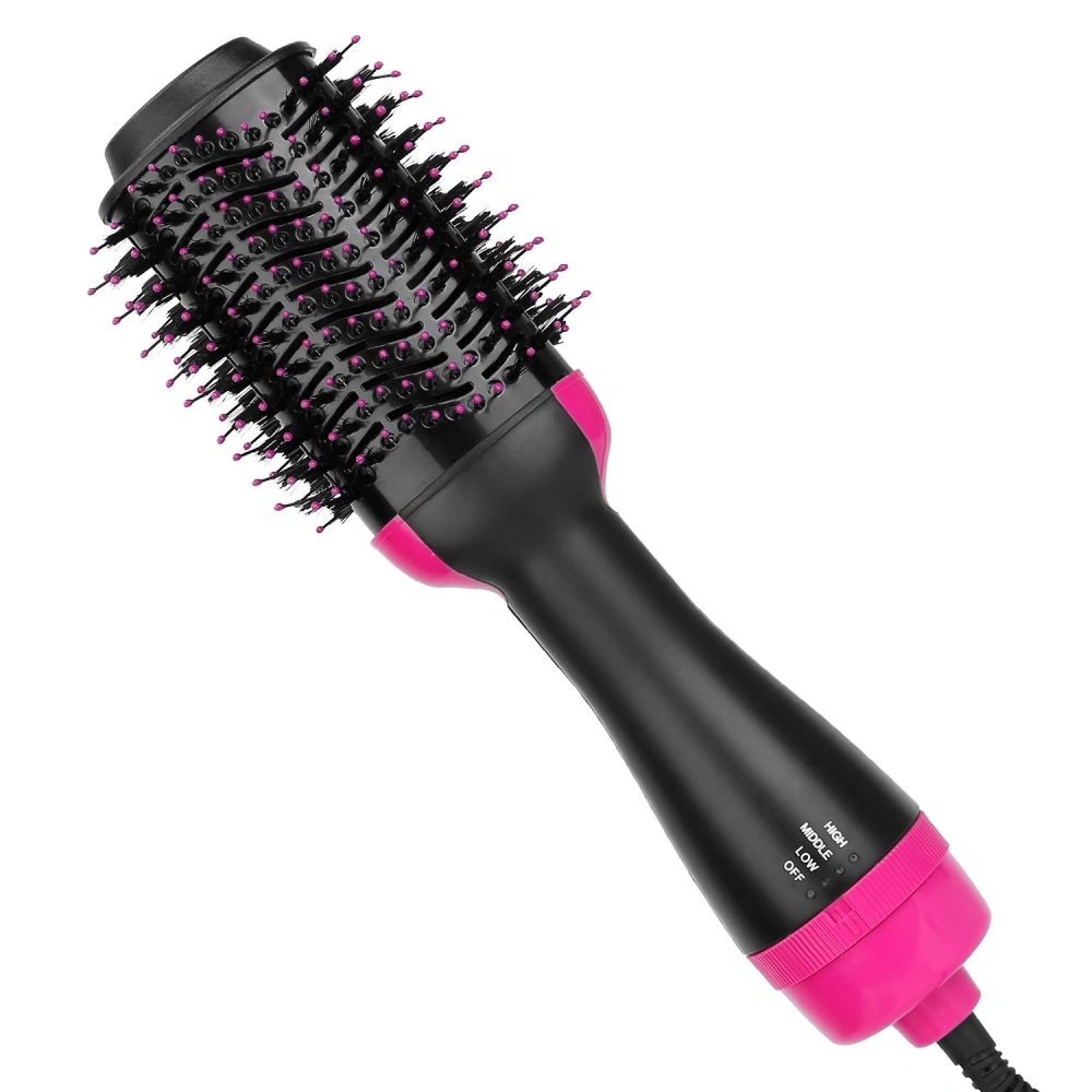 Hot air brush with round brush design in black and pink, featuring adjustable heat settings for styling and drying hair.