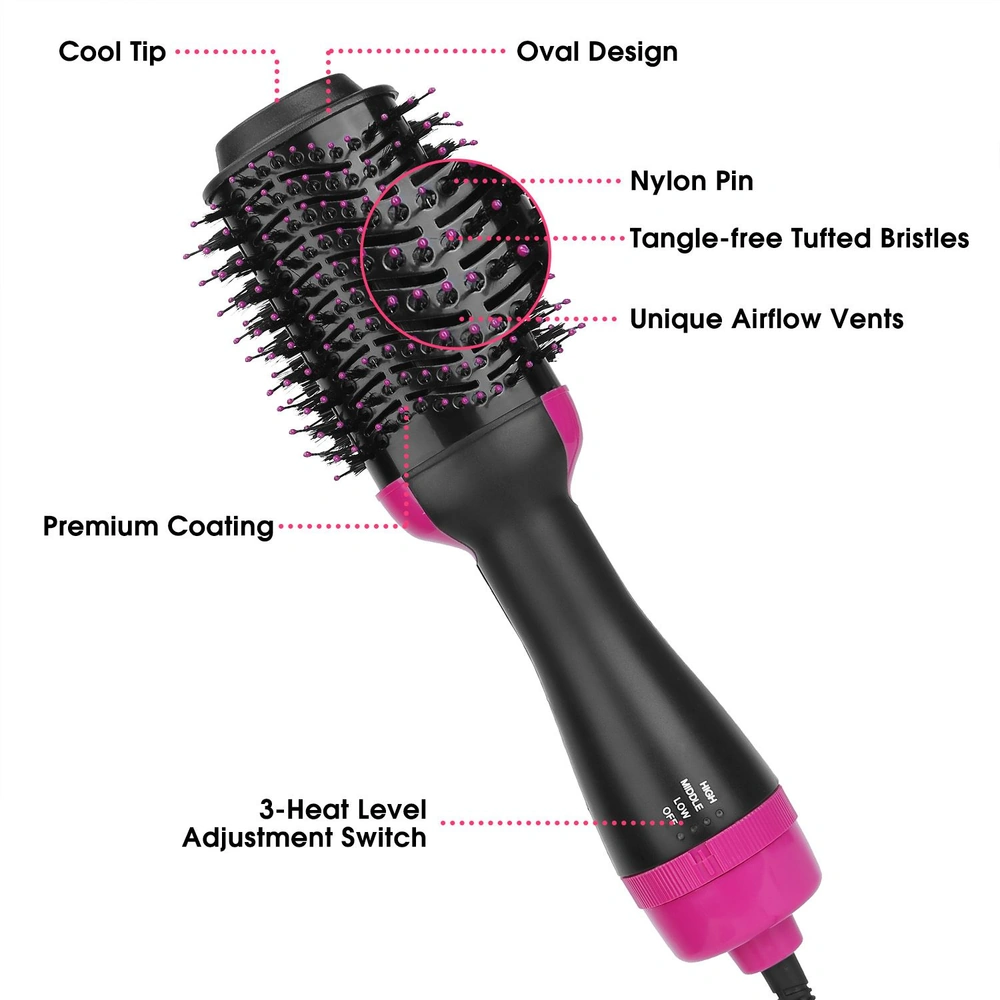 Oval hair dryer brush with cool tip, nylon pin, tangle-free tufted bristles, unique airflow vents, premium coating, and a 3-heat level adjustment switch for versatile styling.