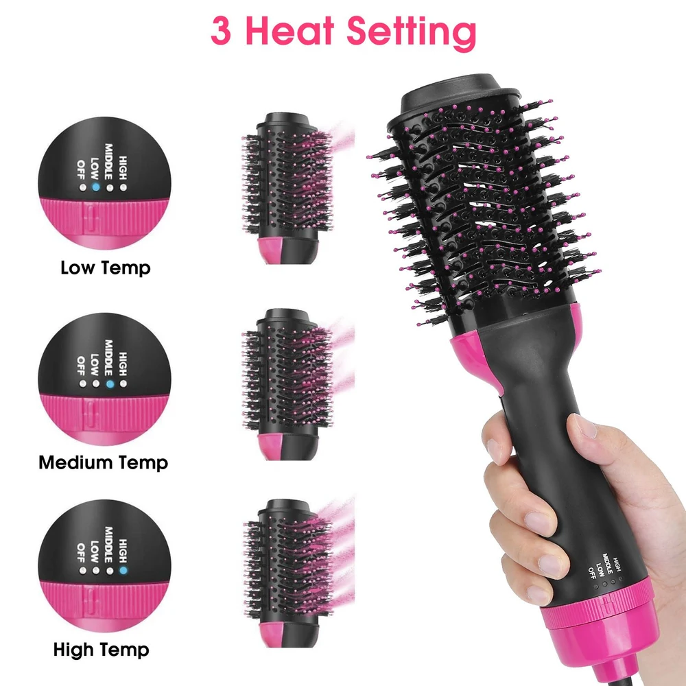 Electric hair brush with three heat settings (low, medium, high) for versatile styling, featuring a black and pink ergonomic design.