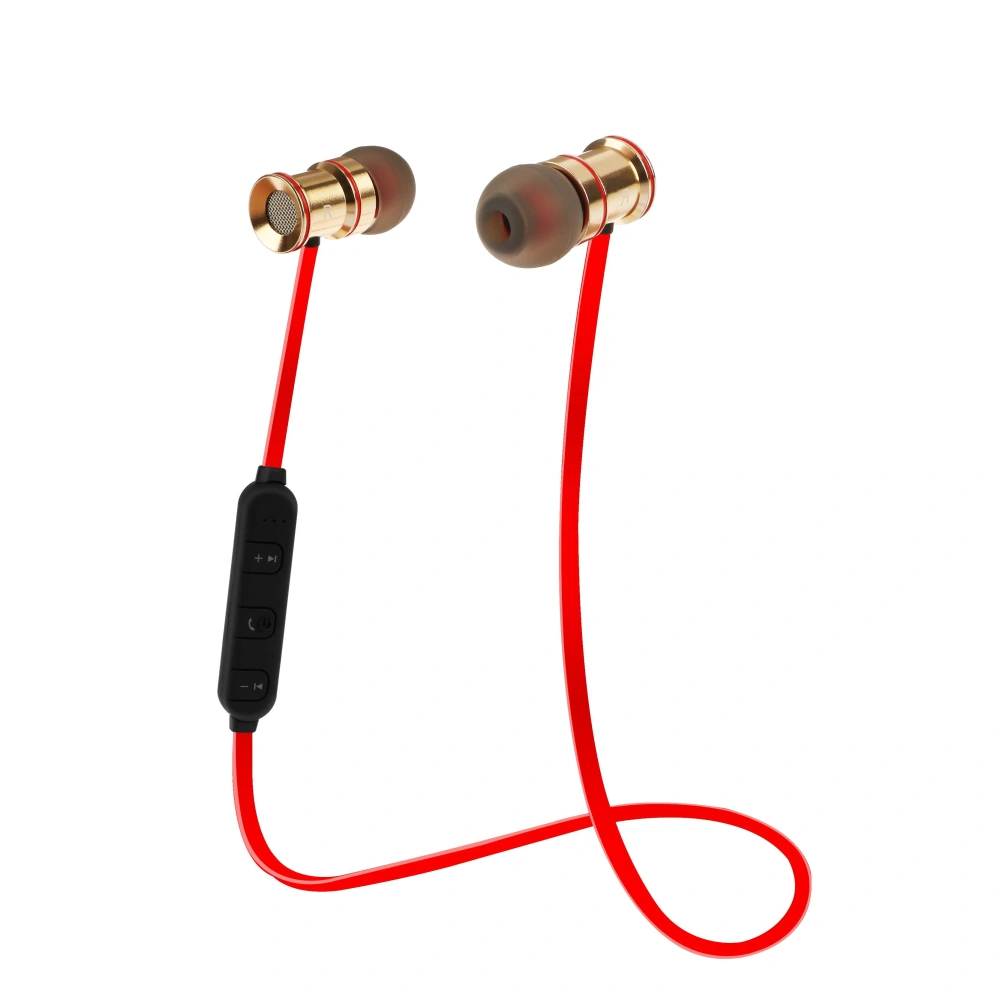Stylish red in-ear headphones with gold accents and a built-in microphone, featuring playback control buttons for convenient audio management.