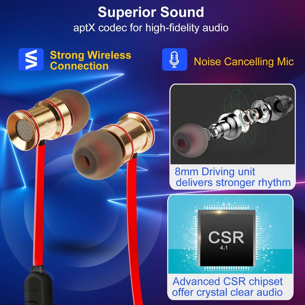 High-quality wireless earbuds with noise cancelling microphone, featuring an 8mm driver for enhanced sound and advanced CSR 4.1 chipset for clear audio.