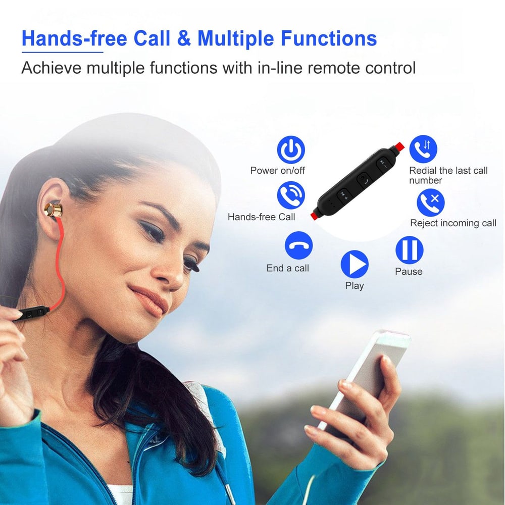 Wireless earbuds with in-line remote control for hands-free calls, featuring buttons for power, call management, and music playback, worn by a person holding a smartphone.