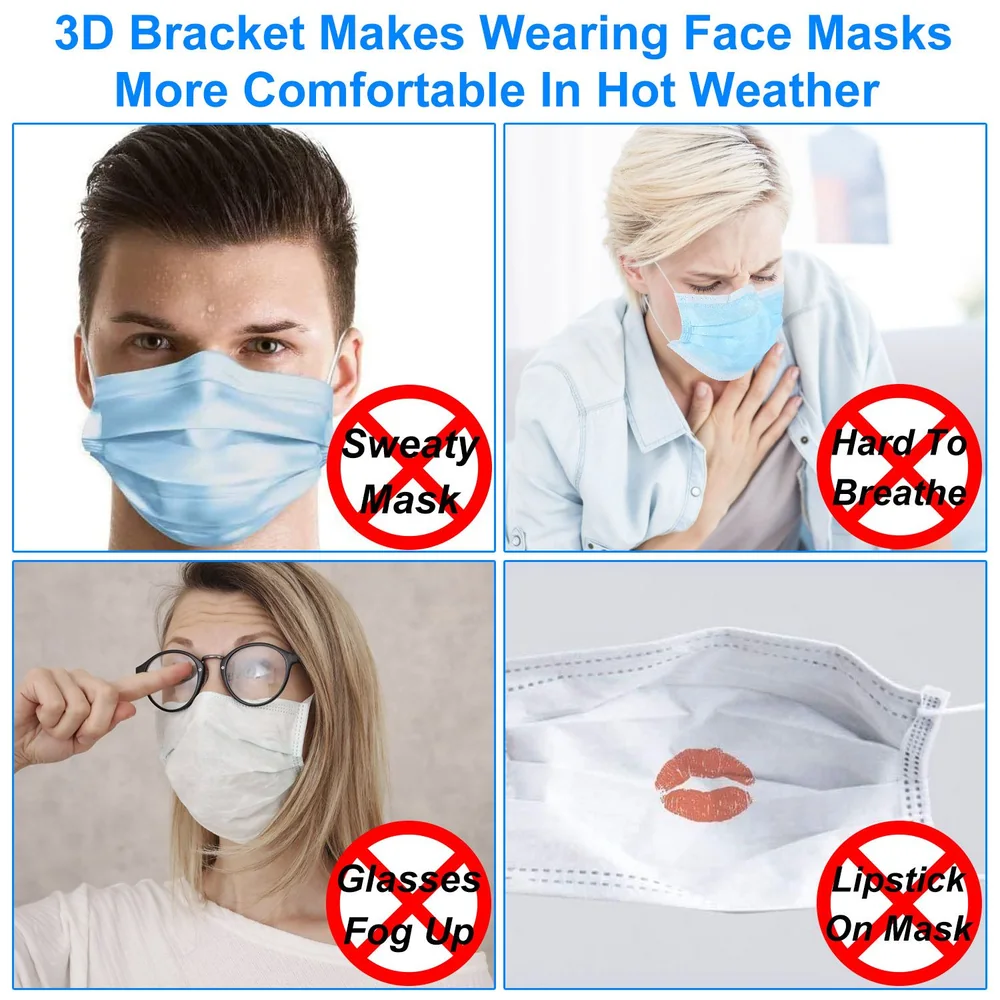 3D mask bracket product image demonstrating comfort benefits such as reduced sweating, easier breathing, anti-fogging for glasses, and preventing lipstick smudges.