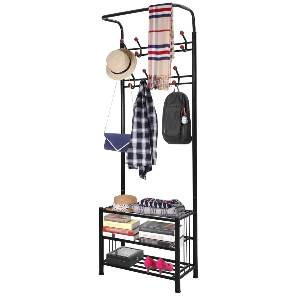 Modern black coat rack with hooks, featuring a spacious bottom shelf holding books and decor, accessorized with hats, scarves, and bags.