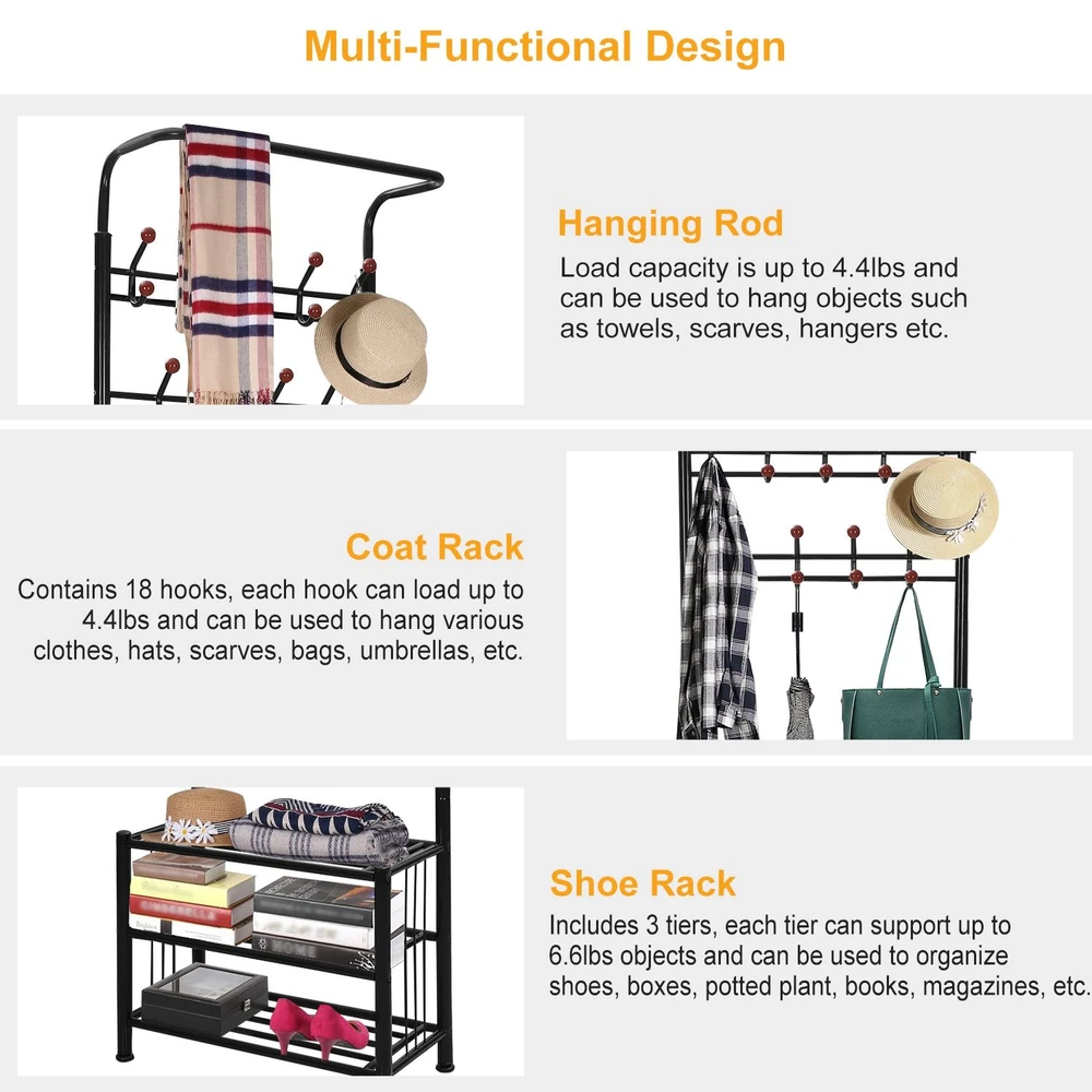 Multi-functional coat rack and shoe organizer with hanging rod, 18 hooks, and three-tier storage for efficient home organization.