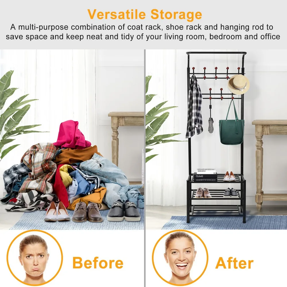 Multi-purpose coat rack and shoe storage organizer showcasing a tidy living space transformation with hanging hooks and shoe shelves, ideal for decluttering entryways and bedrooms.