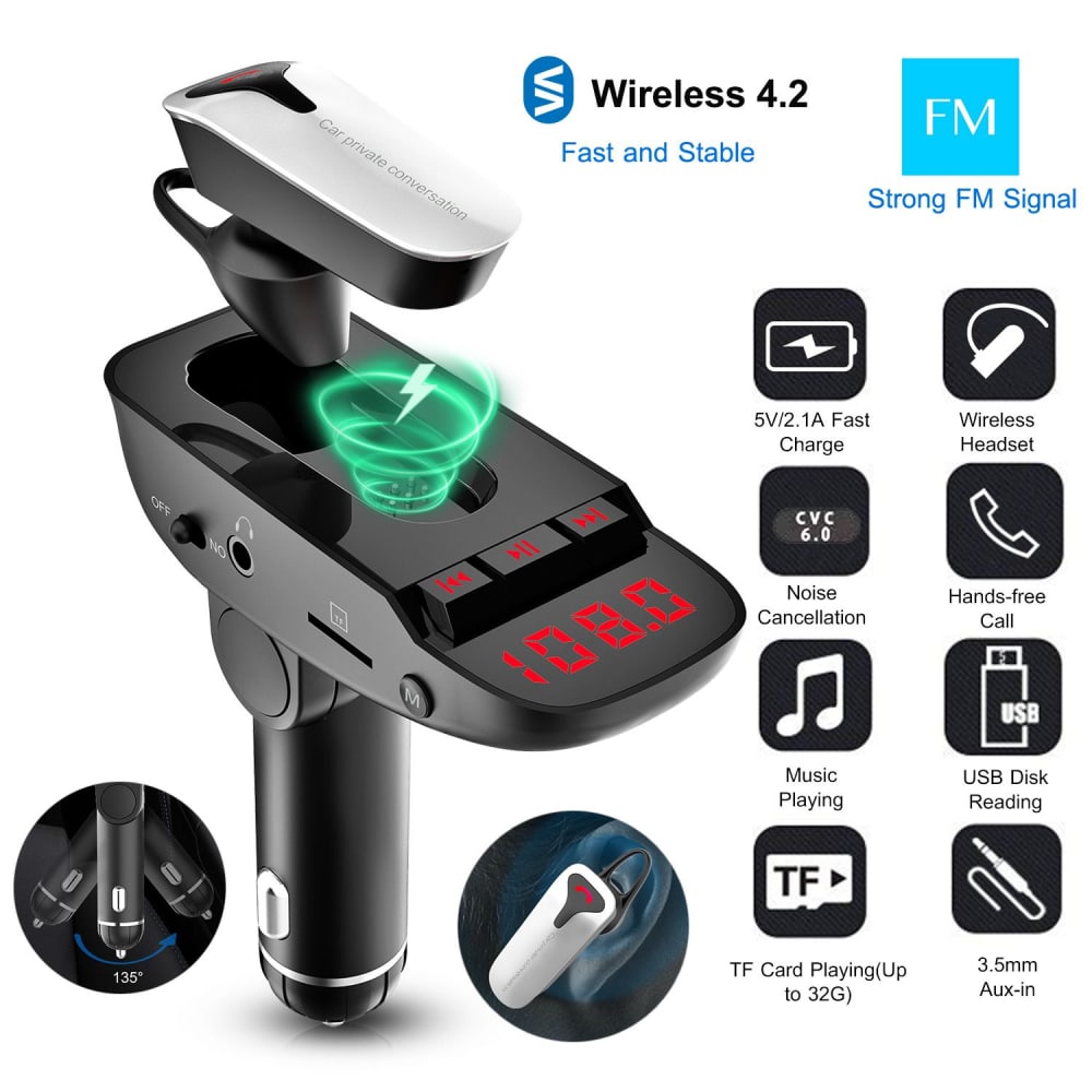 Wireless car charger and FM transmitter with a digital display, USB ports, and a Bluetooth headset for hands-free calls and music playback. Features fast charging, noise cancellation, and support for TF card and aux input.