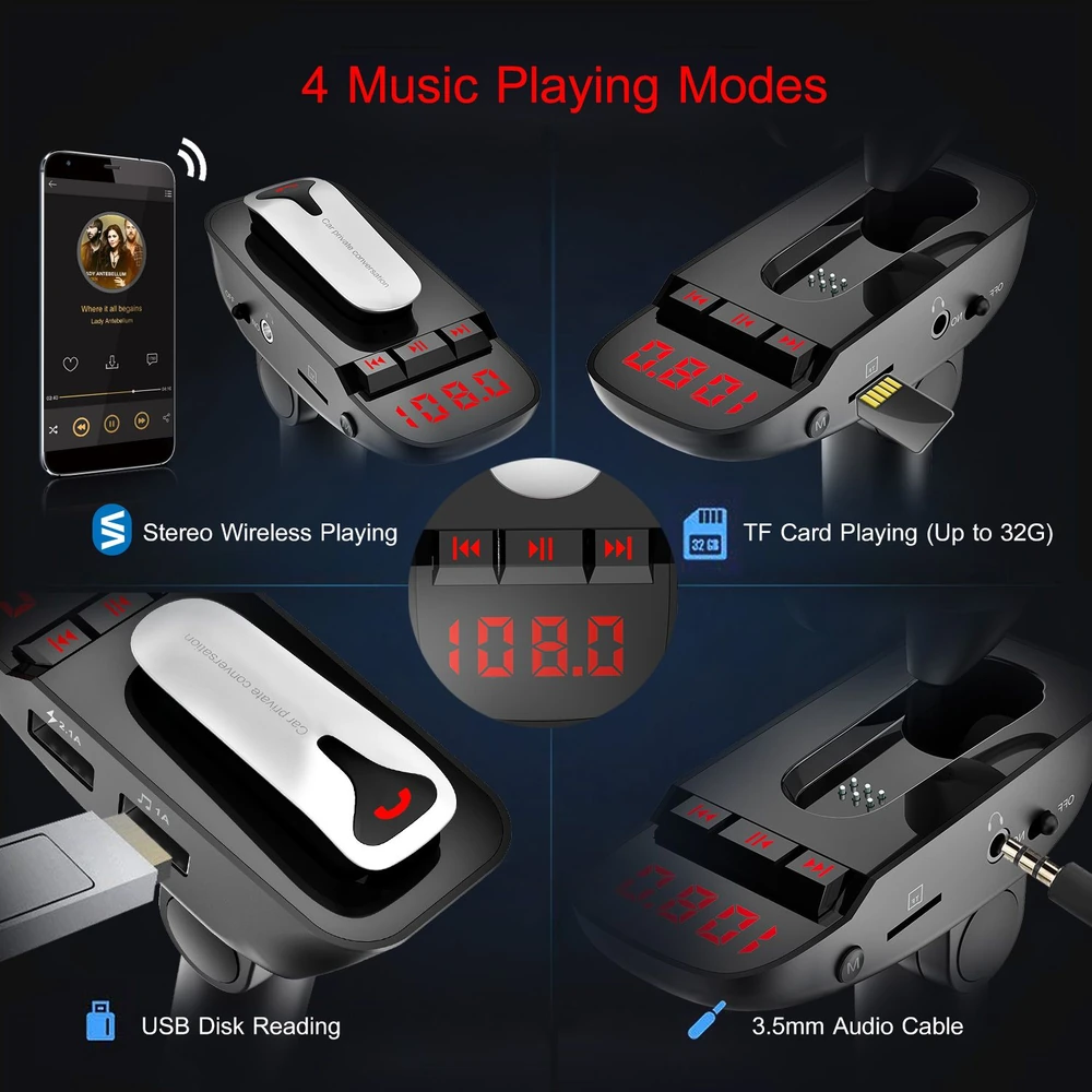 Bluetooth car adapter with four music playing modes: stereo wireless playback, TF card support (up to 32GB), USB disk reading, and 3.5mm audio input, featuring a digital display for easy tuning.