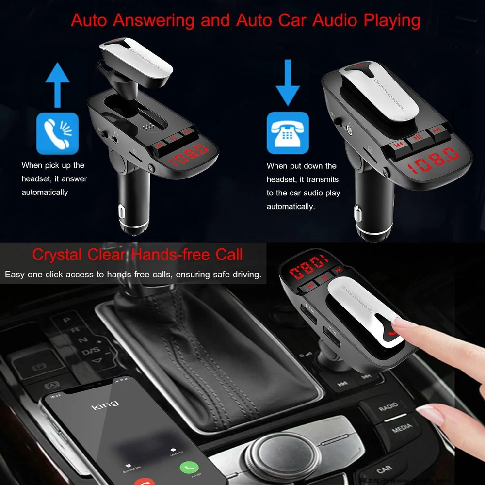 Car Bluetooth FM transmitter with automatic answering, hands-free call feature, and digital display for safe driving.