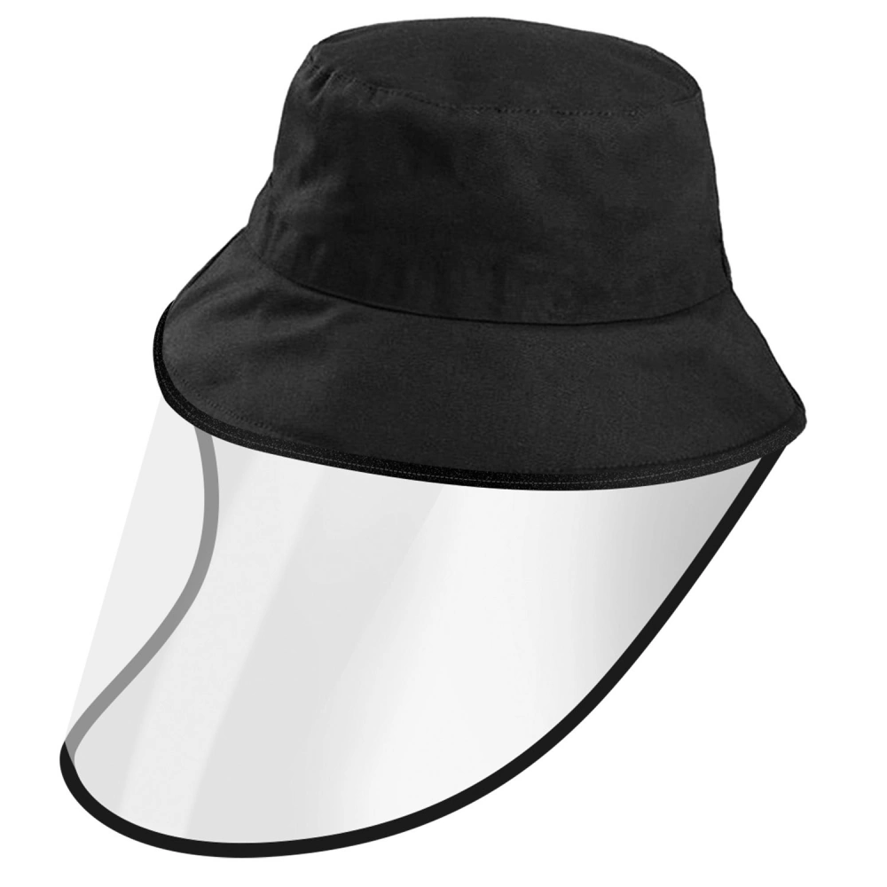 Black bucket hat with clear protective face shield for sun and safety, perfect for outdoor activities.