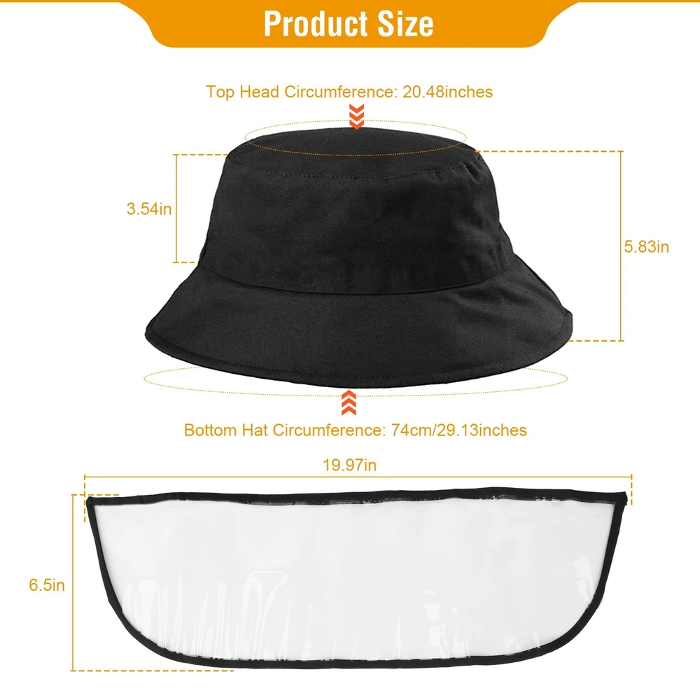 Black bucket hat with dimensions detailed for top head circumference and brim length, featuring a clear plastic face shield attachment for added protection.